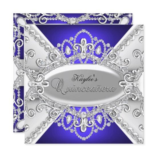 Silver & Blue Diamond Damask Quinceanera Invite