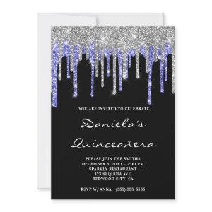Silver Blue Glitter Drips Black Quinceañera