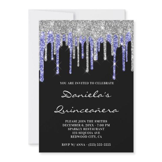 Silver Blue Glitter Drips Black Quinceañera