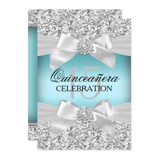 Silver Blue Glitter & Jewel Bow Quinceanera