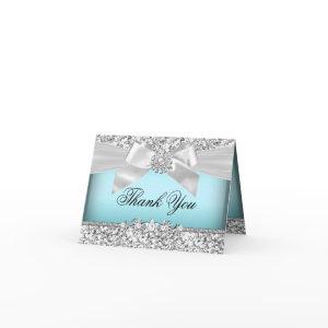 Silver Blue Glitter & Jewel Bow Thank You Card