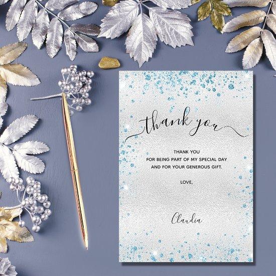 Silver blue glitter thank you card