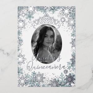 Silver Blue Snowflake Photo Quinceanera  Foil