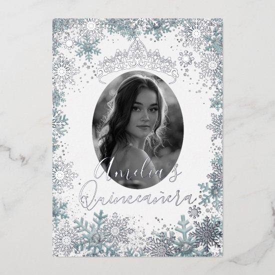 Silver Blue Snowflake Photo Quinceanera  Foil
