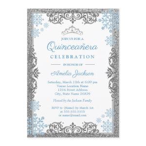 Silver Blue Sparkle Snowflake Quinceanera Invite