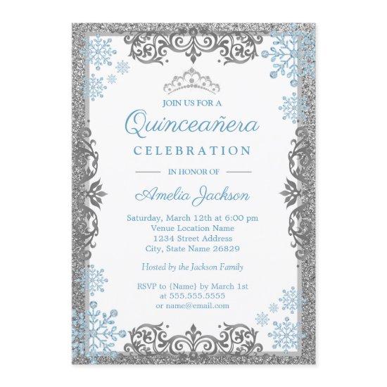 Silver Blue Sparkle Snowflake Quinceanera Invite