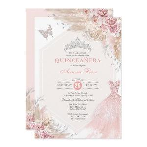 Silver Blush Pink Boho Floral Quinceañera Birthday