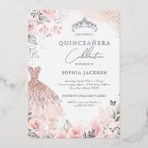 Silver Blush Pink Dress Floral Quinceanera  Foil