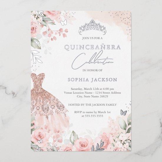 Silver Blush Pink Dress Floral Quinceanera  Foil