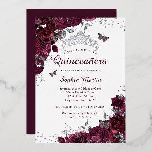 Silver Burgundy Floral Elegant Quinceanera Foil