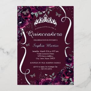 Silver Burgundy Floral Rose Butterfly Quinceanera Foil