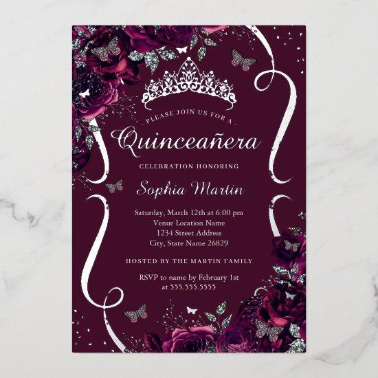 Silver Burgundy Floral Rose Butterfly Quinceanera Foil