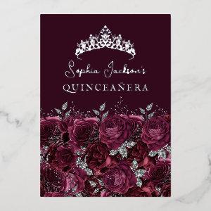 Silver Burgundy Floral Rose Quinceanera Foil