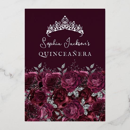Silver Burgundy Floral Rose Quinceanera Foil