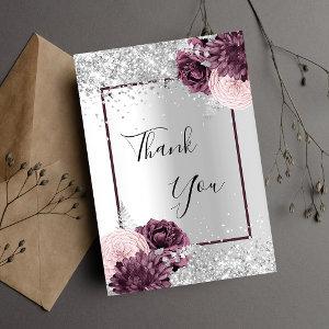 Silver burgundy florals elegant glamorous thank you card