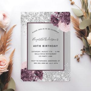 Silver burgundy pink floral elegant birthday