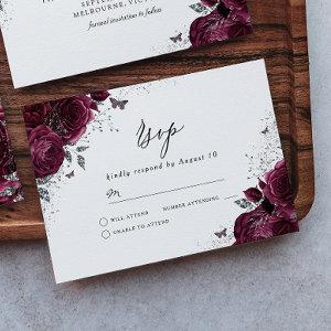 Silver Burgundy Sparkle Dress Rose RSVP Card