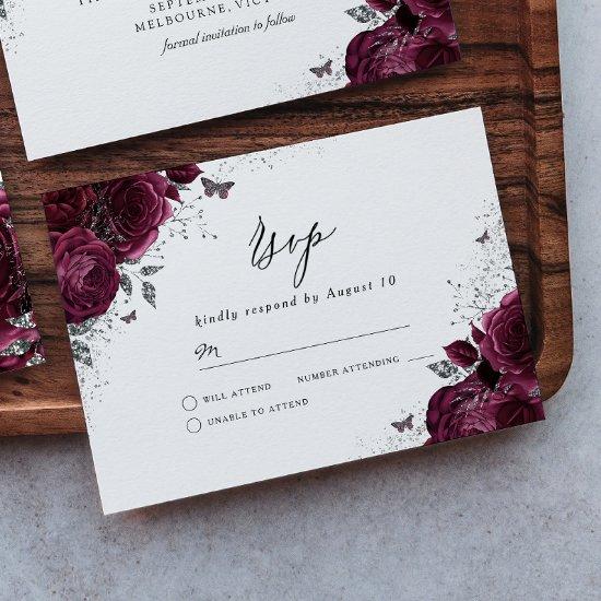 Silver Burgundy Sparkle Dress Rose RSVP Card