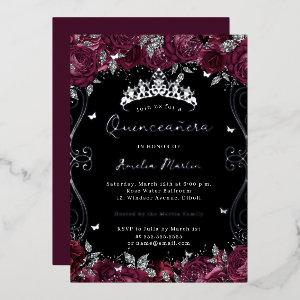 Silver Burgundy Swirl Scroll Floral Quinceanera  Foil