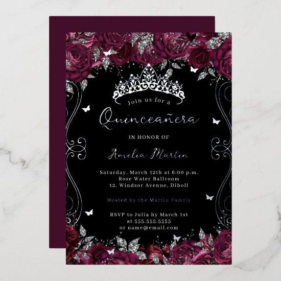 Silver Burgundy Swirl Scroll Floral Quinceanera  Foil