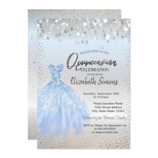 Silver Confetti Dots,Blue Dress Quinceañera