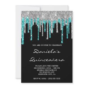 Silver Cyan Glitter Drips Black Quinceañera