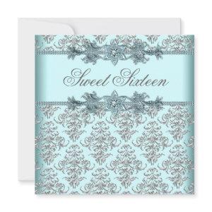 Silver Damask Teal Blue Sweet 16 Birthday Party