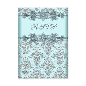 Silver Damask Teal Blue Sweet 16 Birthday RSVP