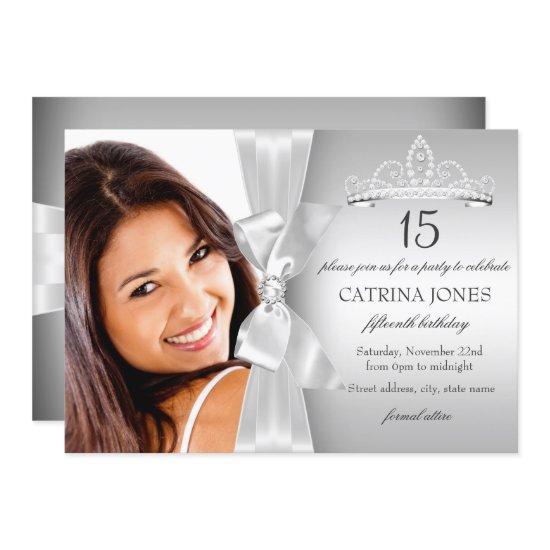 Silver Diamond Bow & Tiara Quinceanera Invite