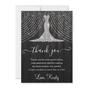 Silver Diamond Dress on Black Wood Quinceanera Thank You Card