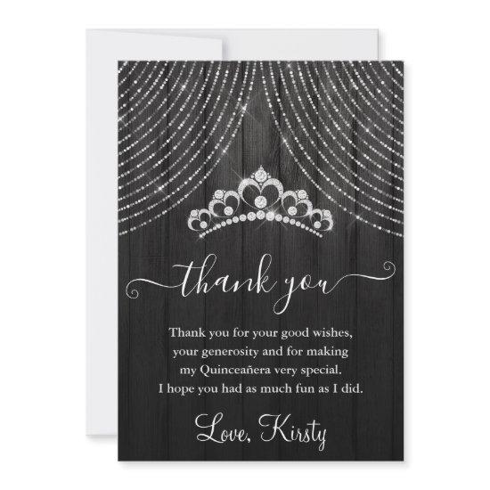 Silver Diamond Tiara on Black Wood Quinceanera Thank You Card
