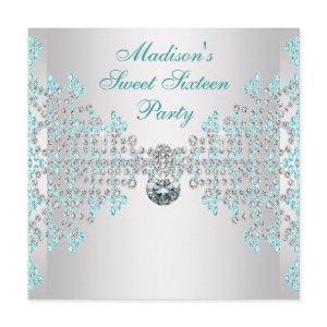 Silver Diamonds Teal Blue Sweet 16 Birthday Party