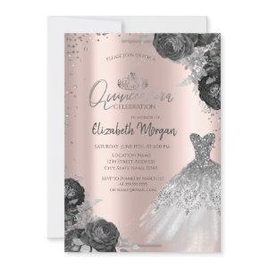 Silver Dress Roses Diamonds Rose Gold Quinceañera