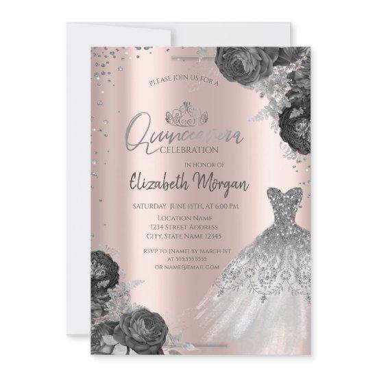 Silver Dress Roses Diamonds Rose Gold Quinceañera