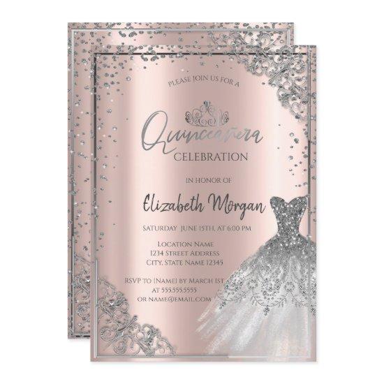 Silver DressTiara,Diamonds Rose Gold Quinceañera