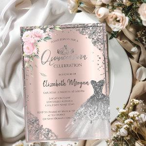 Silver DressTiara,Flowers Rose Gold Quinceañera