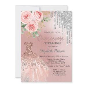 Silver Drips,Dress,Pink Roses Quinceanera