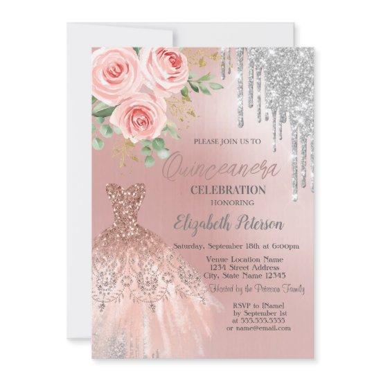 Silver Drips,Dress,Pink Roses Quinceanera