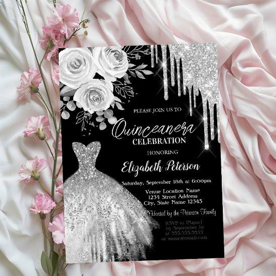 Silver Drips,Dress Roses Black Quinceanera