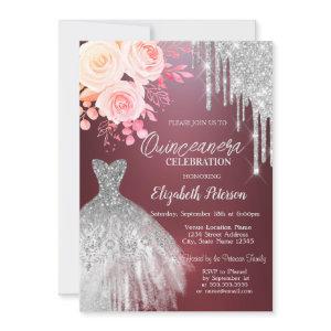 Silver Drips,Dress Roses Burgundy Quinceanera