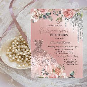 Silver Drips,Dress,Roses Pink Quinceanera