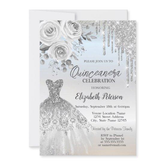 Silver Drips,Dress Roses Silver Quinceanera