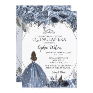 Silver Dusty Blue Floral Princess Quinceañera