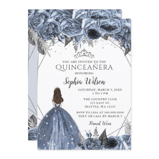Silver Dusty Blue Floral Princess Quinceañera
