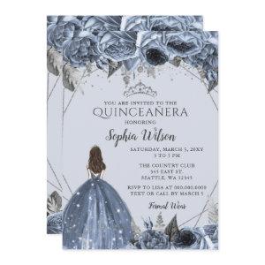 Silver Dusty Blue Floral Princess Quinceañera