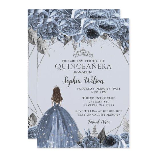 Silver Dusty Blue Floral Princess Quinceañera