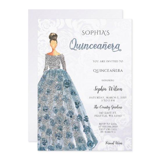 Silver Dusty Blue Sparkle Dress Quinceanera
