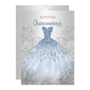 Silver Dusty Blue Sparkle Dress Quinceañera Quince