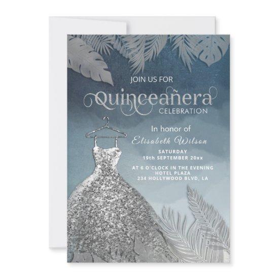 Silver dusty blue tropical dress Quinceañera