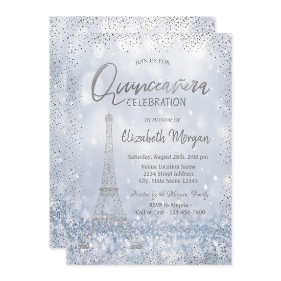 Silver Eiffel Tower Confetti Bokeh Quinceañera